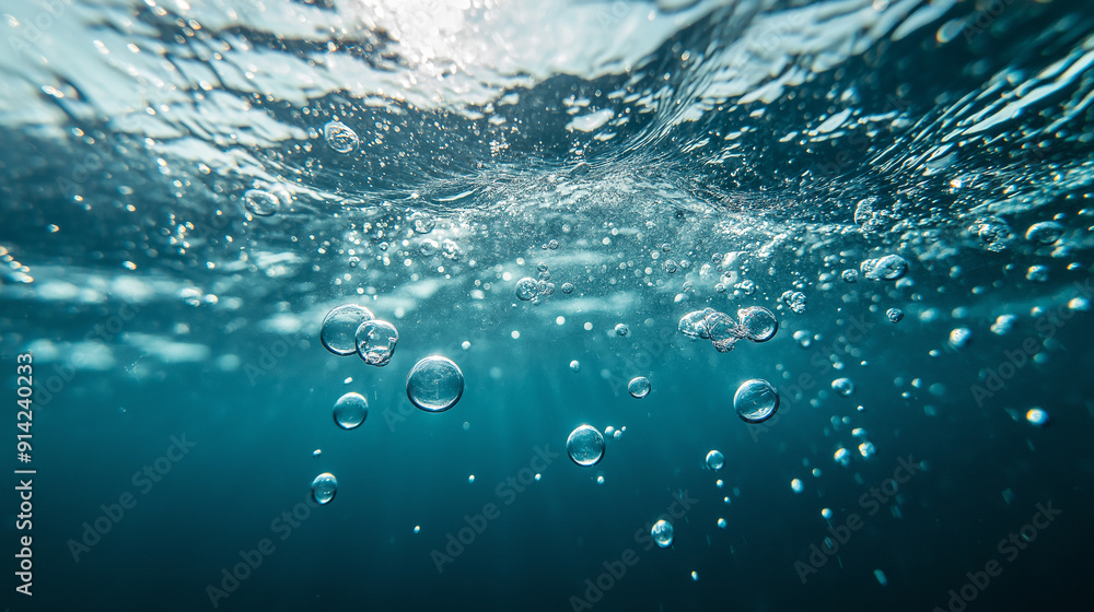 Bubbles rising in clear blue water at midday, showcasing an underwater perspective of aquatic life Bubbles rising in clear blue water at midday, showcasing an underwater perspective of aquatic life