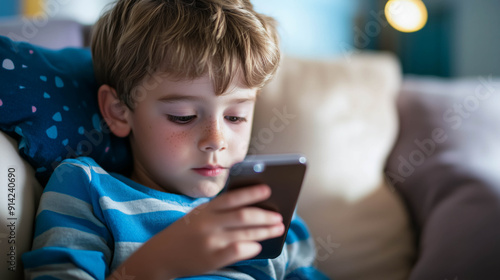 Young Boy Using Smartphone in Dark Room at Night