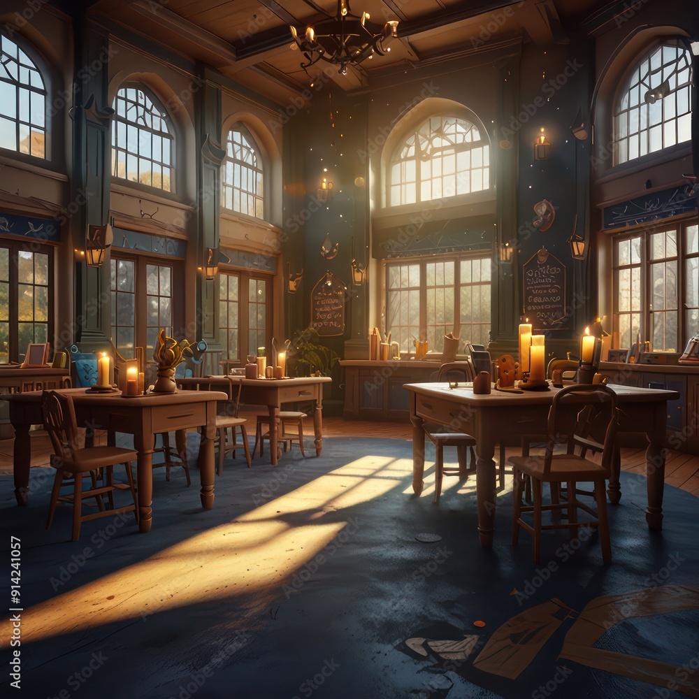 Design a scene inside a magical school, with cartoon students practicing spells and attending classes. Design a scene inside a magical school, with cartoon students practicing spells and attending classes.
