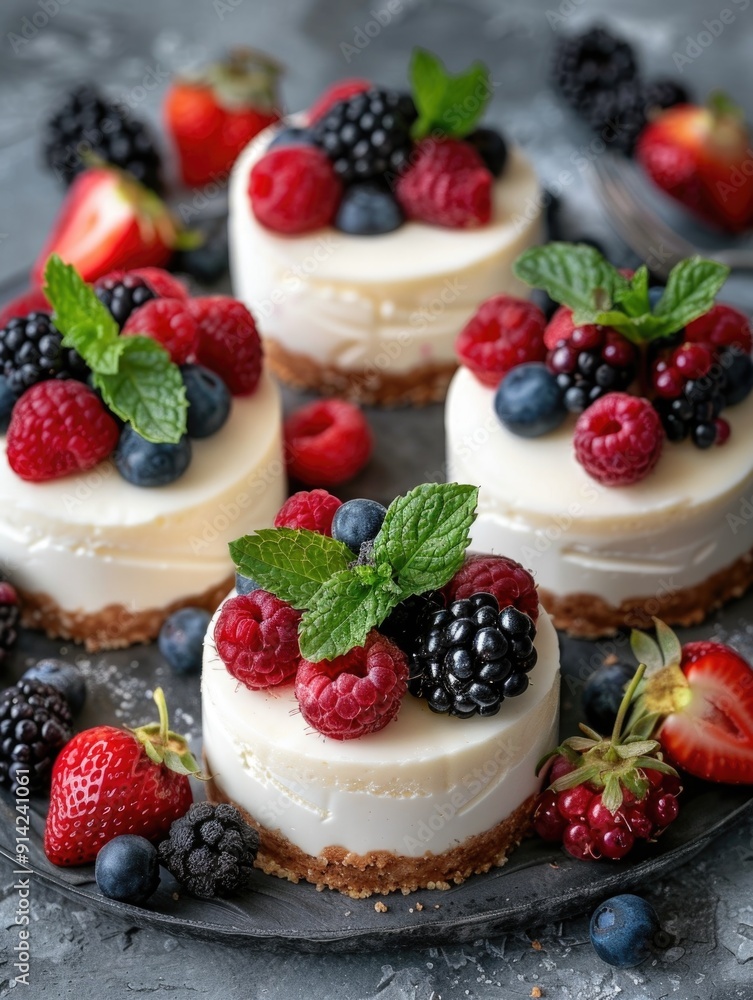 Sweet treats decorated with fresh berries and mint leaves Sweet treats decorated with fresh berries and mint leaves