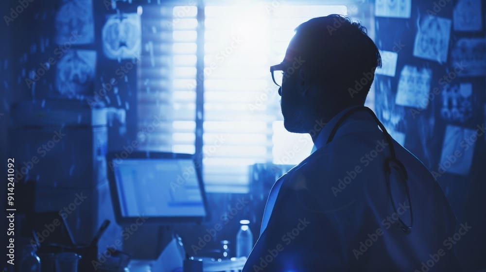 A man in glasses sits at a computer, silhouetted against a bright window, surrounded by notes. He appears focused and determined. A man in glasses sits at a computer, silhouetted against a bright window, surrounded by notes. He appears focused and determined.