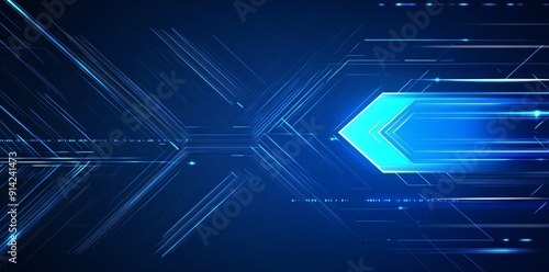 An abstract blue geometric shape with glowing lines on a dark blue background is rendered in 3D.