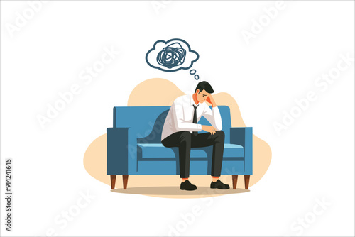 Male sitting on chair overthinking, stressful, worried, headache, suffering, confused concept. Unemployment. Vector illustration.