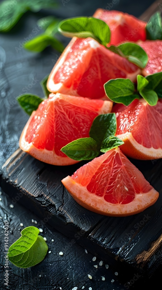 Vibrant Sliced Grapefruit with Fresh Leaves Tangy and Juicy Citrus Fruit Close Up Vibrant Sliced Grapefruit with Fresh Leaves Tangy and Juicy Citrus Fruit Close Up