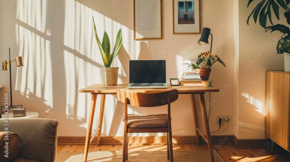 A minimalist home office with a laptop, plants, and natural light streaming through the window. A minimalist home office with a laptop, plants, and natural light streaming through the window.