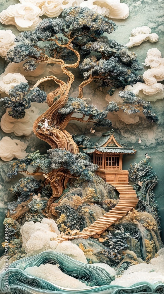 Fototapeta premium Enchanting Japanese Treehouse Amidst Whimsical Clouds and Lush Foliage in a Dreamlike Landscape