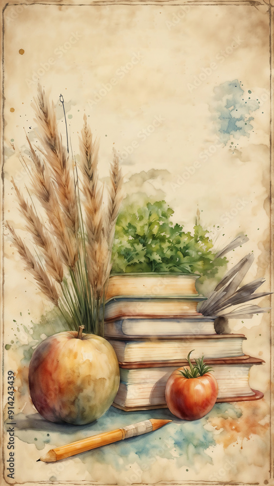 A painting of a book stack with food ingredients on top and around. Background for home cooking recipes