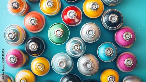 A low angle view of numerous spray paint cans against a light blue background photo