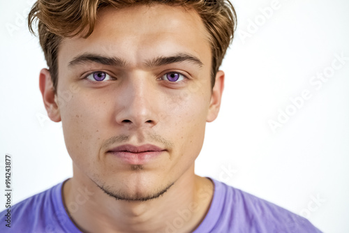 Closeup portrait of young man with purple eyes