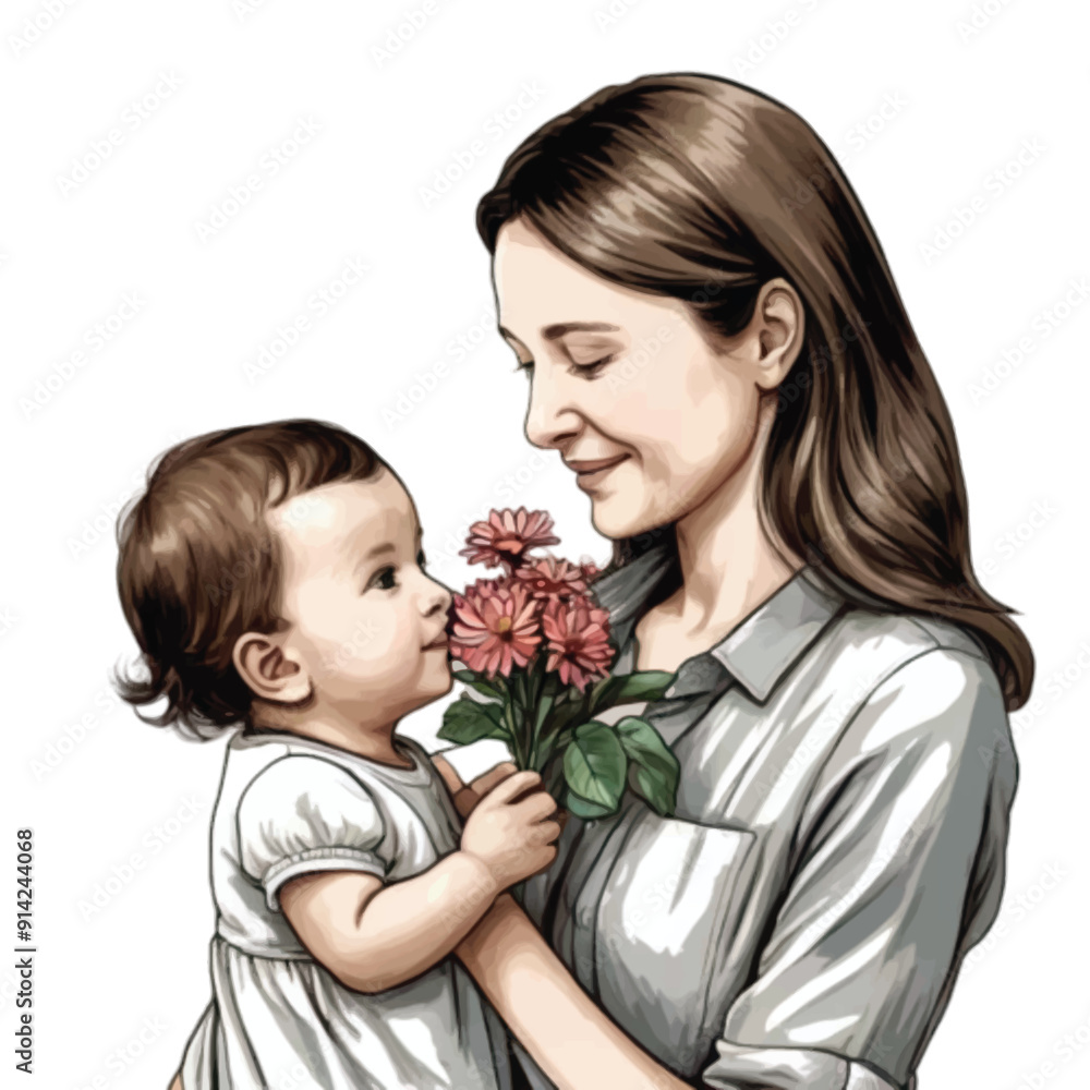 mother and daughter vector illustration with a bouquet of pink color flower mother and daughter vector illustration with a bouquet of pink color flower