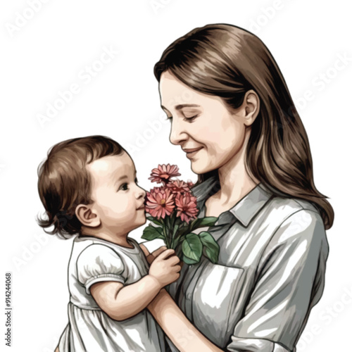 mother and daughter vector illustration with a bouquet of pink color flower 