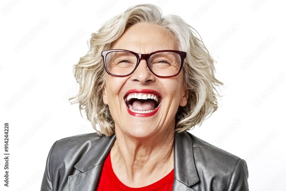 Happy Senior Woman Laughing with Red Lipstick and Glasses Happy Senior Woman Laughing with Red Lipstick and Glasses