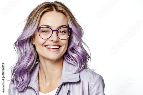 Portrait of a young woman with purple hair and glasses smiling