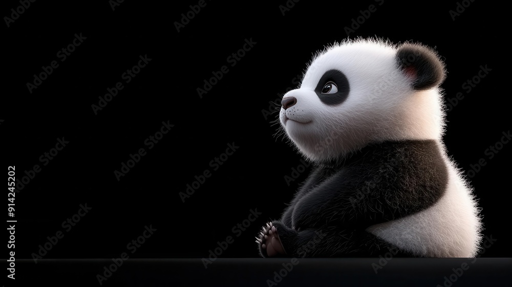 Fototapeta premium Cute baby panda sitting on a black background.