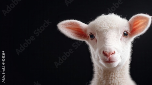 Cute white lamb with big eyes looking at camera against a black background.