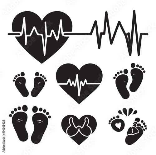 Minimal Set of heart pulse with heart and babys feet vector flat style silhouette vector illustration Design.
