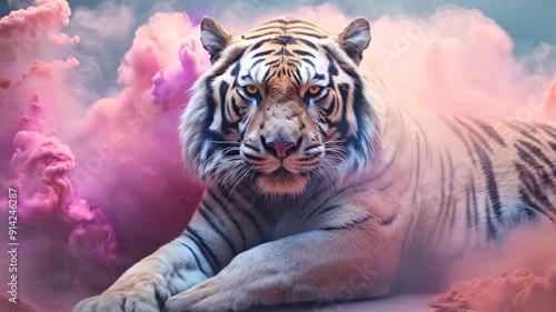 White tiger lying in colorful mist, artistic fantasy concept photo