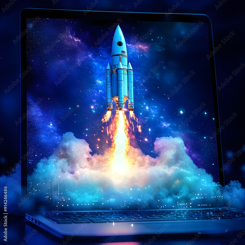 Obraz premium A whimsical digital illustration of a space rocket launching from a laptop screen, surrounded by colorful, fluffy clouds, created using generative AI.