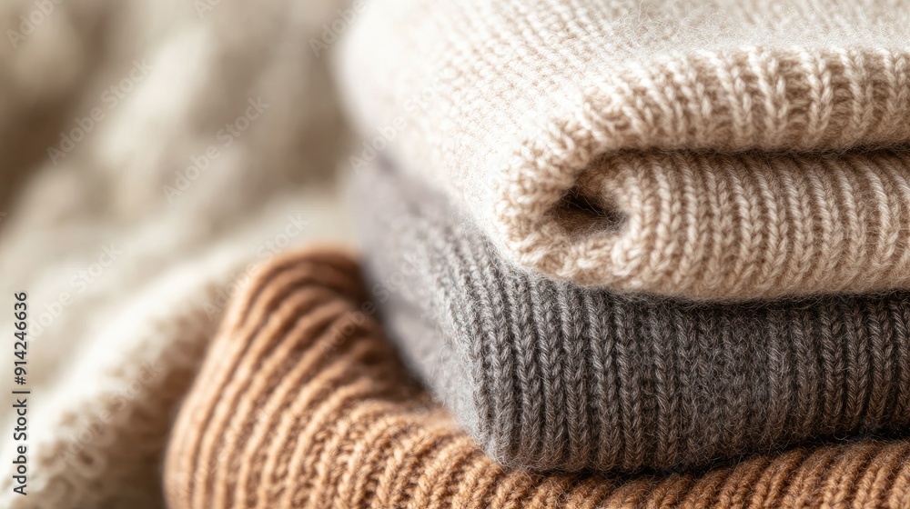 Three soft, knitted sweaters in neutral tones are stacked together, showcasing their texture and inviting warmth during the autumn season Three soft, knitted sweaters in neutral tones are stacked together, showcasing their texture and inviting warmth during the autumn season