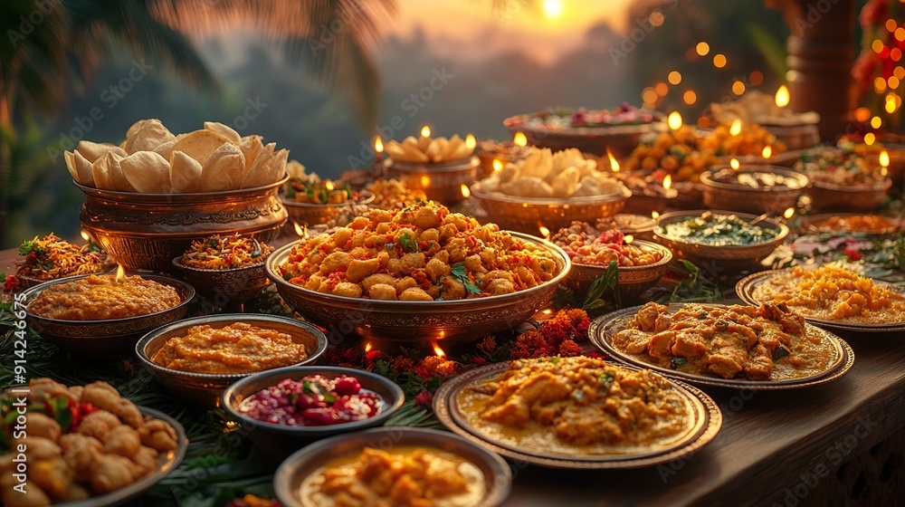 A festive Diwali dinner table set with traditional Indian dishes A festive Diwali dinner table set with traditional Indian dishes
