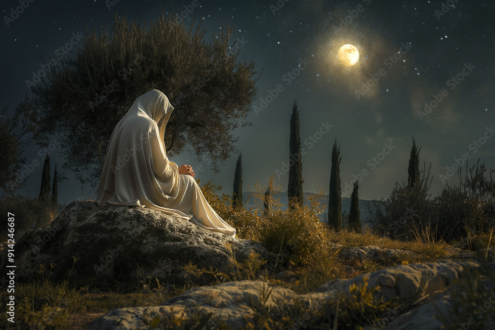 Jesus in deep prayer in the Garden of Gethsemane, surrounded by olive trees at night Jesus in deep prayer in the Garden of Gethsemane, surrounded by olive trees at night
