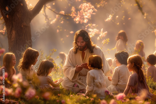Jesus surrounded by children, blessing them in a serene garden with blossoming trees