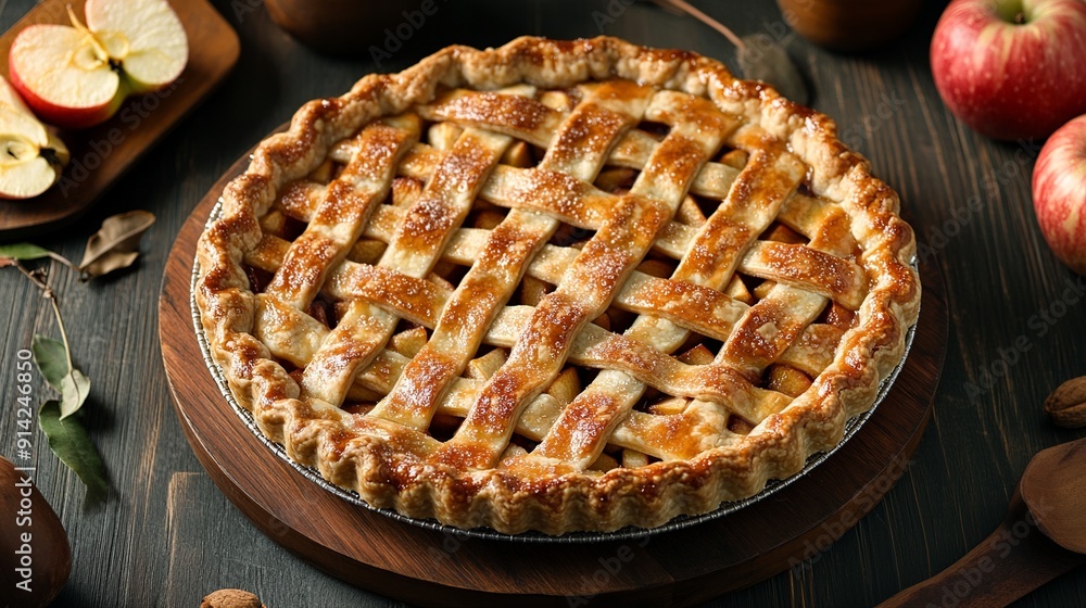A Freshly Baked Lattice-Top Apple Pie on a Wooden Cutting Board A Freshly Baked Lattice-Top Apple Pie on a Wooden Cutting Board