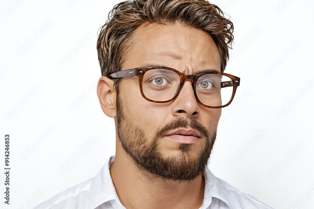 Young man with beard and glasses looking skeptical Young man with beard and glasses looking skeptical