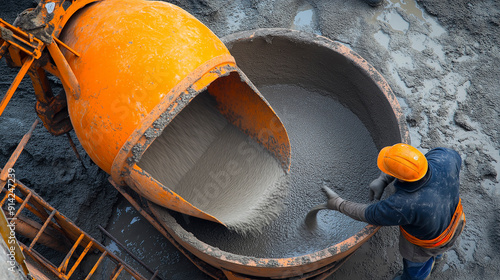 Trabalhador da construção civil produzindo concreto em um misturador laranja photo