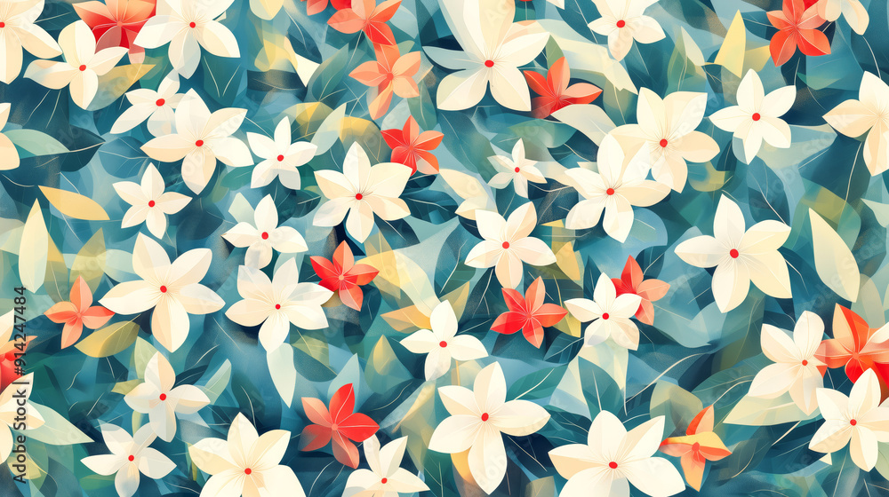 Fototapeta premium Vibrant daisies and tulips bloom on a dark canvas in a flat floral pattern.
