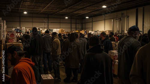 Individuals with Dreary Expressions Waiting for Food Assistance