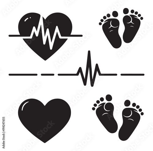 Minimal Set of heart pulse with heart and babys feet vector flat style silhouette vector illustration Design.