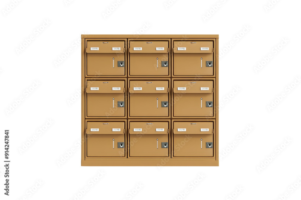 A grid of nine brown mailboxes with lockable compartments. Ideal for representing postal services, communication, and secure mail delivery. A grid of nine brown mailboxes with lockable compartments. Ideal for representing postal services, communication, and secure mail delivery.
