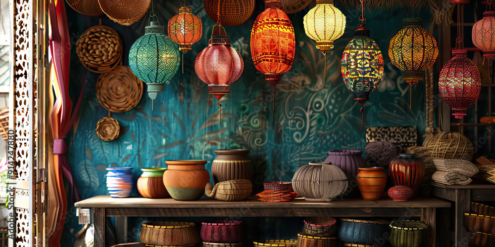 Handmade Haven: A cozy corner filled with handmade paper lanterns, pottery, and woven baskets. Handmade Haven: A cozy corner filled with handmade paper lanterns, pottery, and woven baskets.