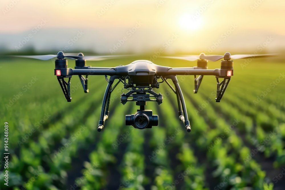 A drone flying over a lush green field at sunset, capturing stunning agricultural landscapes. A drone flying over a lush green field at sunset, capturing stunning agricultural landscapes.