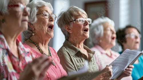 Senioren Singen im Chor vom Notenblatt. Seniorenchor bei der Chorprobe. 