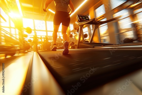 A dynamic view of a runner on a treadmill in a bright gym, capturing the essence of fitness and morning energy. photo