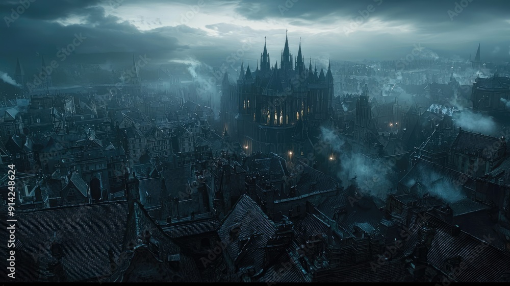 Naklejka premium Gothic castle with tall spires, dark walls, and black fog, under a stormy grayish-blue sky with lightning. Long stone path leads to an abandoned fortress in a fantasy art style.