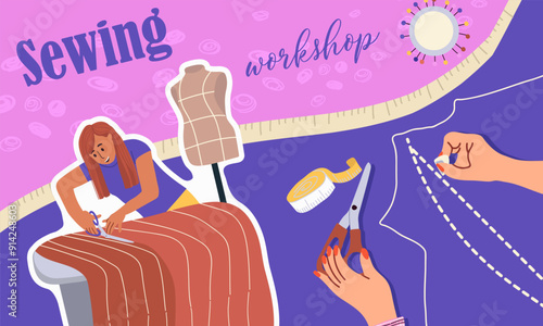 Collage sewing workshop, hand drawn vector illustration vector illustration.