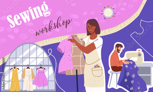 Collage sewing workshop, hand drawn vector illustration vector illustration.