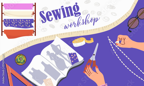 Collage sewing workshop, hand drawn vector illustration vector illustration.