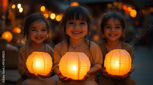 A group of children playing with colorful paper lanterns during Diwali photo