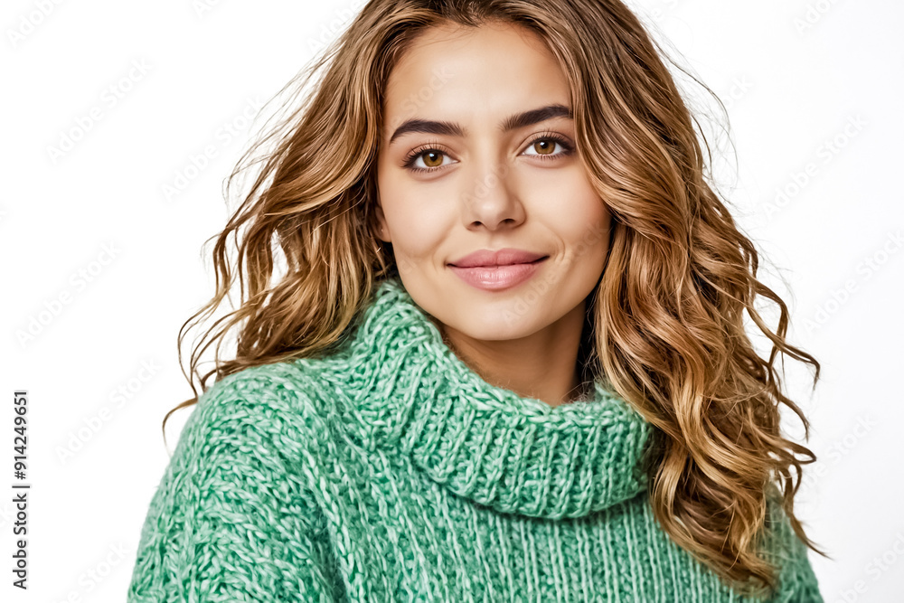Woman with long curly hair in a green knitted sweater, smiling Woman with long curly hair in a green knitted sweater, smiling