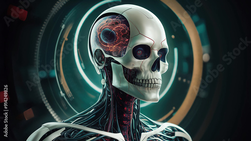 ai nervous system , technology of the future, cybergod, robotics, metalic skull photo