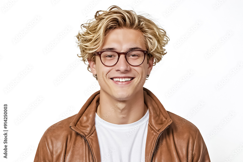 Fototapeta premium Portrait of a happy young man in glasses wearing a brown leather jacket