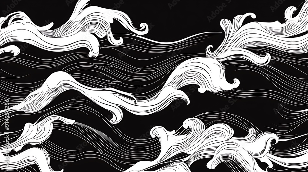 Fototapeta premium Flowing Wave Vector Pattern on Black Background - Seamless Wavy Lines Design Illustration