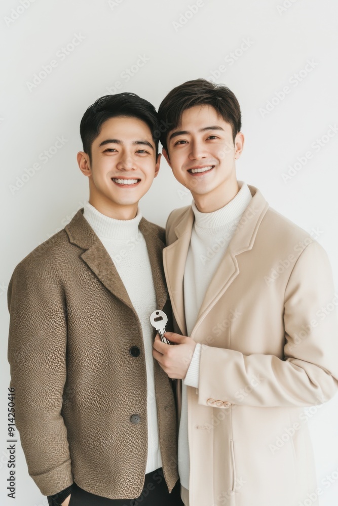Newly married young Chinese gay couple happy with the keys to their new house Newly married young Chinese gay couple happy with the keys to their new house