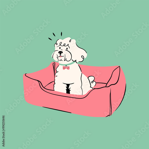 Canvas Print White little dog sitting near her pink bed