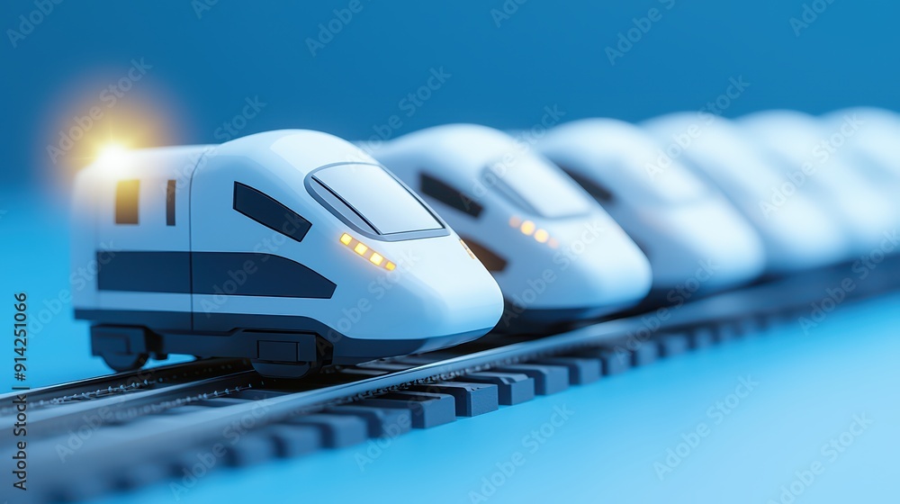A modern miniature train model on a track, showcasing sleek design and bright lights against a soft blue background. A modern miniature train model on a track, showcasing sleek design and bright lights against a soft blue background.