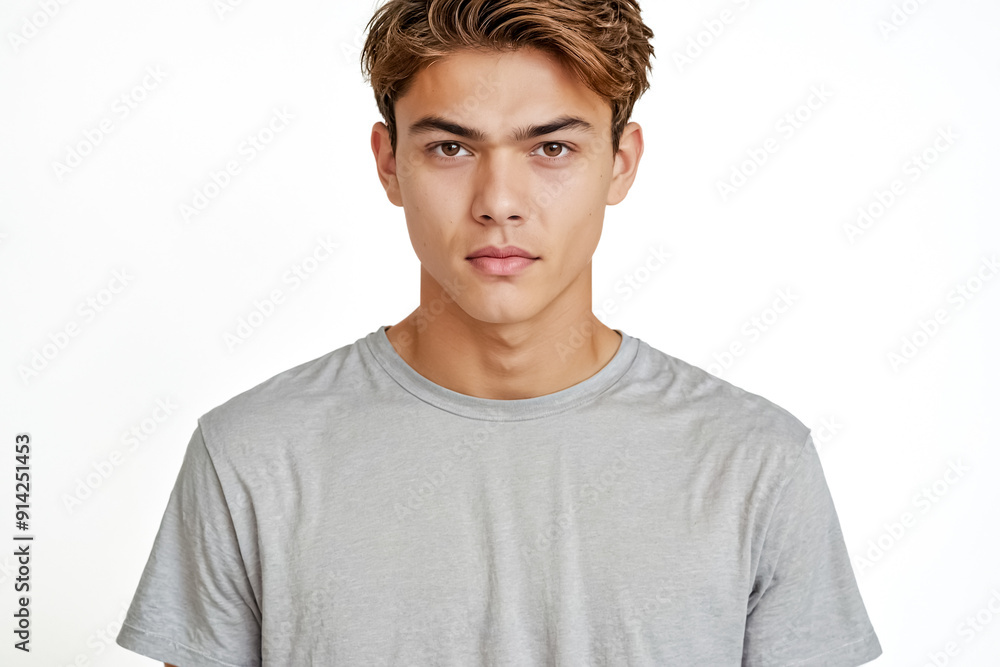 Portrait of a Serious Young Man in a Grey T-Shirt Portrait of a Serious Young Man in a Grey T-Shirt